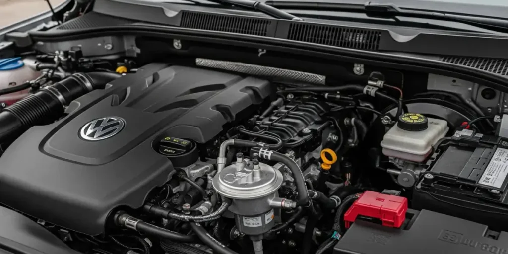 Motor Volkswagen Amarok 2.0 TDI: Detalle de Bomba de Combustible Imagen de Clase Motor de una Volkswagen Amarok 2.0 TDI, mostrando en primer plano una bomba de combustible diésel y componentes del sistema de inyección.