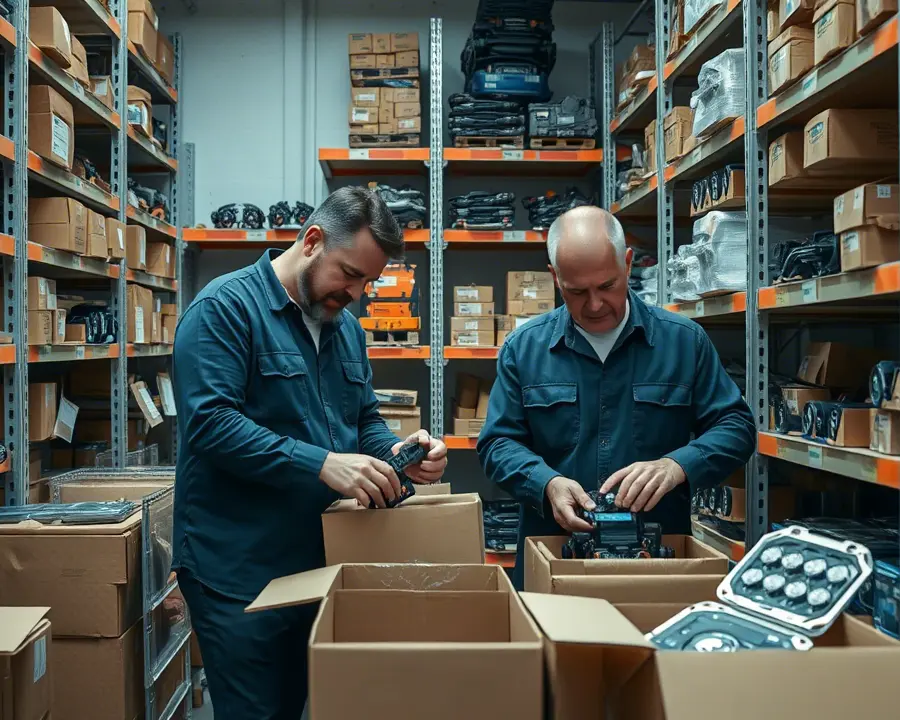 Inicio Imagen de dos empleados de IBARParts.com en el deposito preparando los pedidos para clientes compradores y luego ser despachados al servicio de paqueteria de envios nacionales e internacionales.