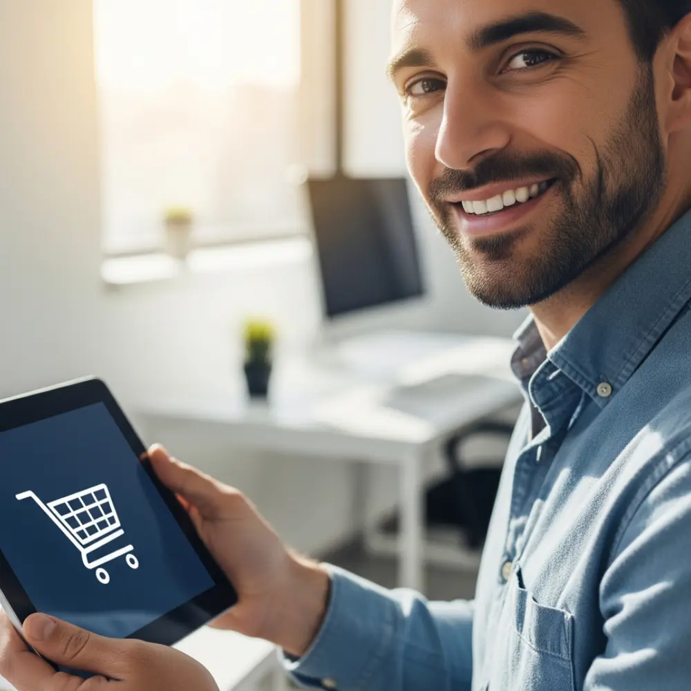 Contacto Un hombre sonriente sosteniendo una tableta que muestra un ícono de carrito de compras. Simboliza la facilidad y seguridad de comprar repuestos de calidad en la tienda online IBARParts.