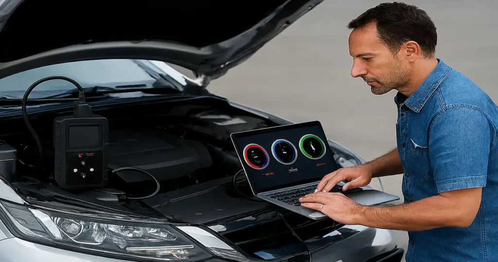 Diagnostico obd2 vehiculo capot abierto Persona realizando diagnóstico automotor con escáner OBD2 conectado al motor y notebook, capó abierto y lectura de códigos de falla en la pantalla de la laptop.