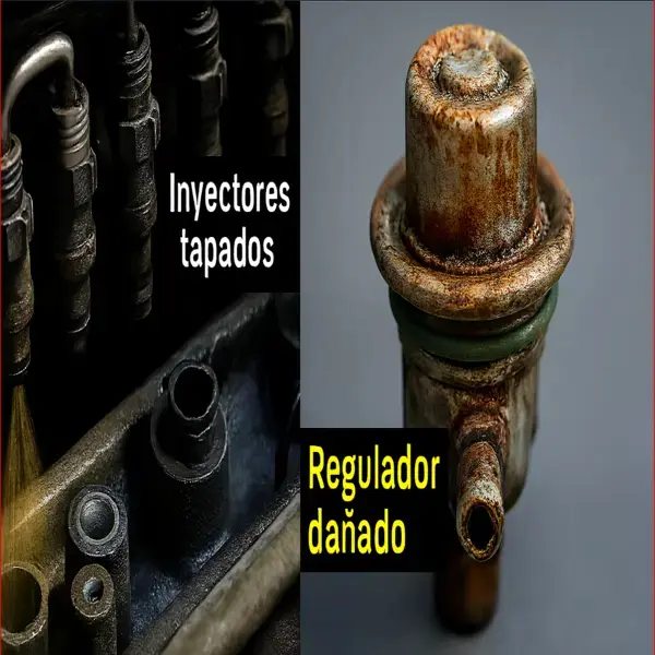 Inyectores obstruidos regulador de presion dañado Collage técnico con inyectores de combustible en motor, dos obstruidos sin rociar, y regulador de presión oxidado con residuos, mostrando daños por uso de nafta contaminada.