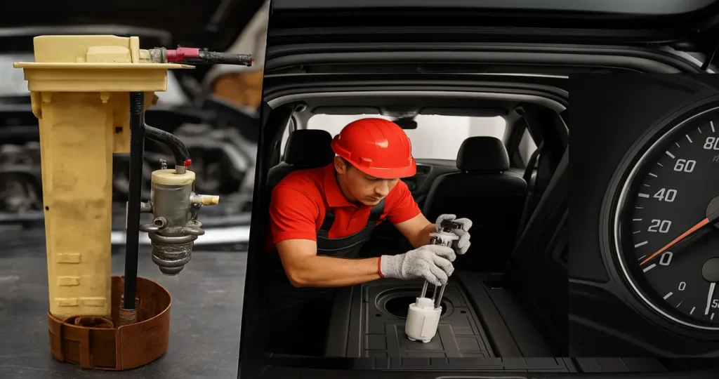 Mecanico realizando un diagnostico en la Bomba de combustible en el auto Bomba de combustible usada sobre fondo técnico junto a mecánico en el vehículo, ilustrando proceso de diagnóstico intensivo en el tanque de combustible que se encuentra abajo del asiento trasero del automotor.