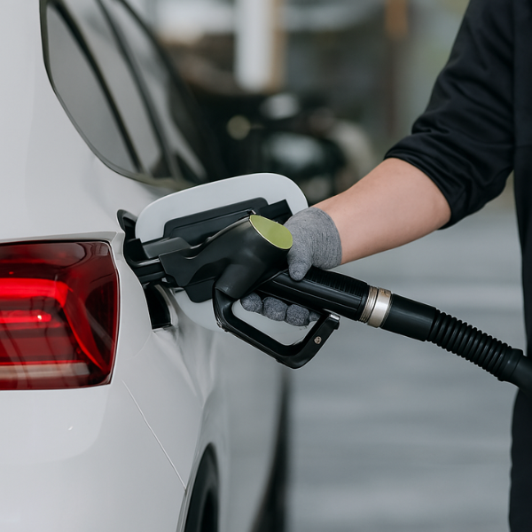 Repostaje nafta calidad variable Imagen ilustrativo de una persona cargando combustible en auto blanco, representando el riesgo de usar nafta contaminada o de baja calidad que afecta el sistema de inyección.