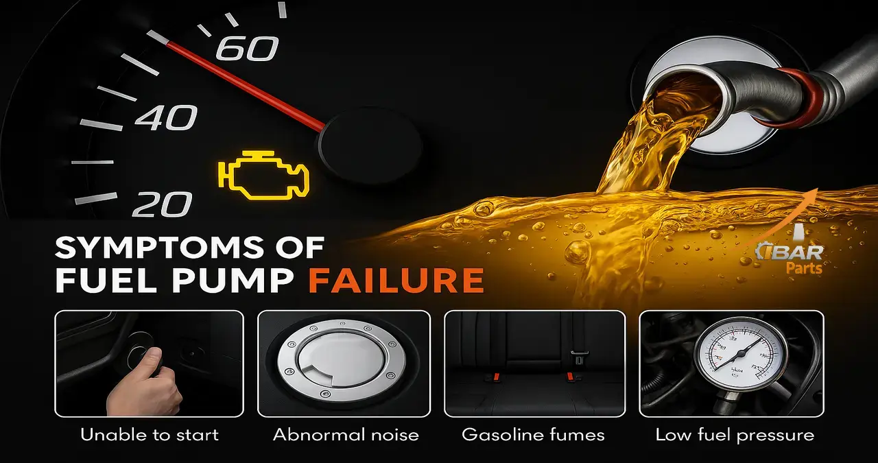 Bomba de Combustible Fallando: Síntomas y Diagnóstico Rápido Imagen con ilustrativa que muestra los síntomas de una falla en la bomba de combustible, incluyendo dificultad para arrancar, ruidos extraños, olor a gasolina y baja presión en el vehiculo automotor.